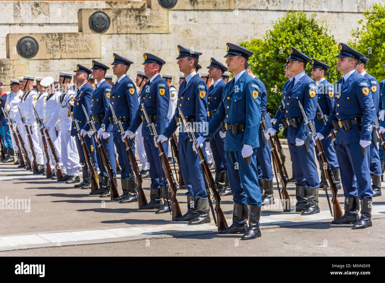 A formation line of Greek armed forces soldiers in military formation in uniform. Stock Photo