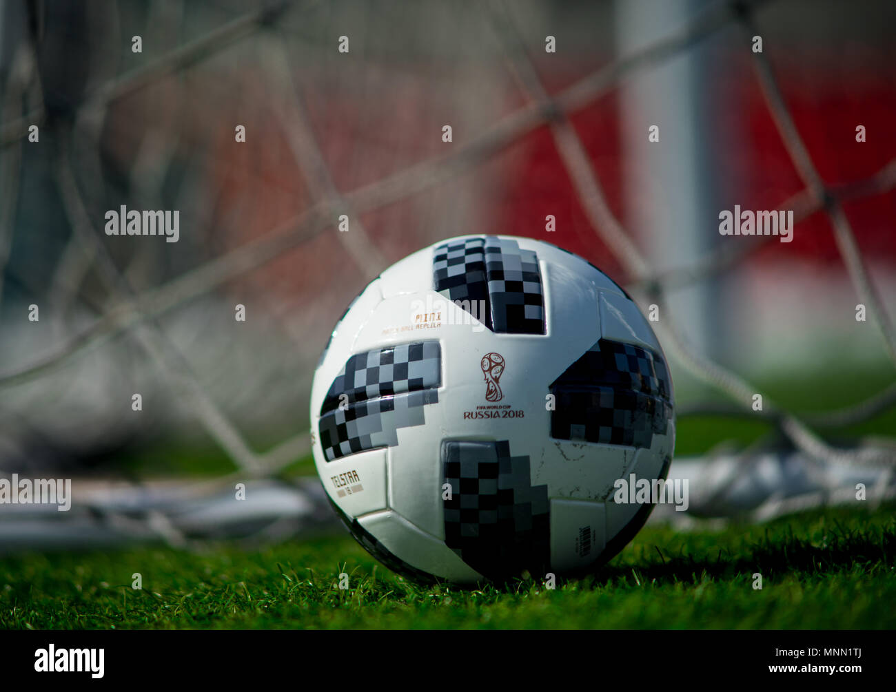 April 9, 2018 Moscow, official ball of FIFA World Cup 2018 Adidas Telstar 18  on the green grass of the football field Stock Photo - Alamy