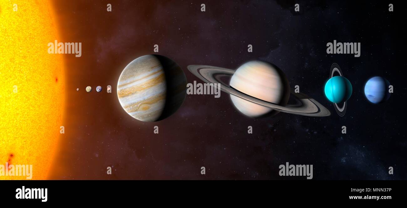Illustration comparing the planets of the Solar System and the Sun on the same scale. The planets are shown to scale relative to each other but their distances are not. From left to right the bodies are: the Sun, Mercury, Venus, Earth, Mars, Jupiter, Saturn, Uranus and Neptune. Stock Photo