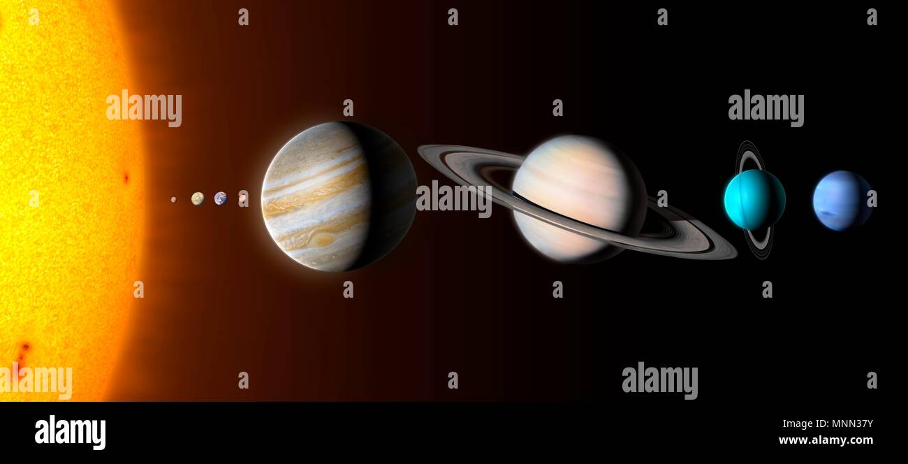 Illustration comparing the planets of the Solar System and the Sun on the same scale. The planets are shown to scale relative to each other but their distances are not. From left to right the bodies are: the Sun, Mercury, Venus, Earth, Mars, Jupiter, Saturn, Uranus and Neptune. Stock Photo