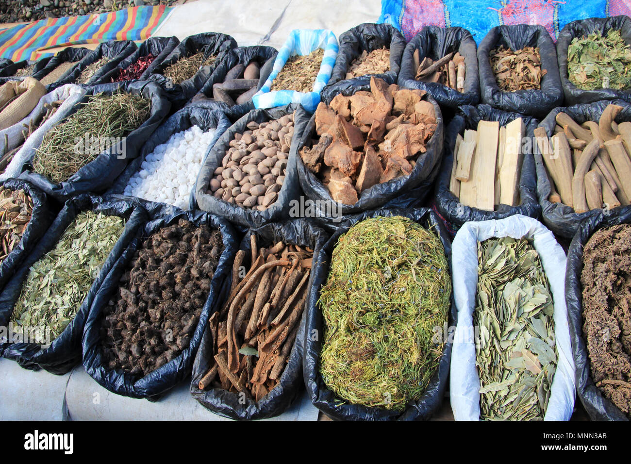 Alternative medicine fresh herbs and ingredients at indian market in Silvia, Colombia Stock