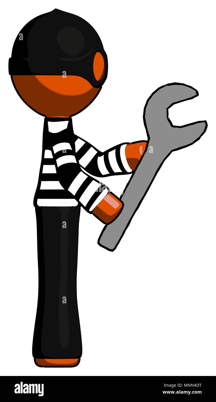 Orange thief man using wrench adjusting something to right Stock ...