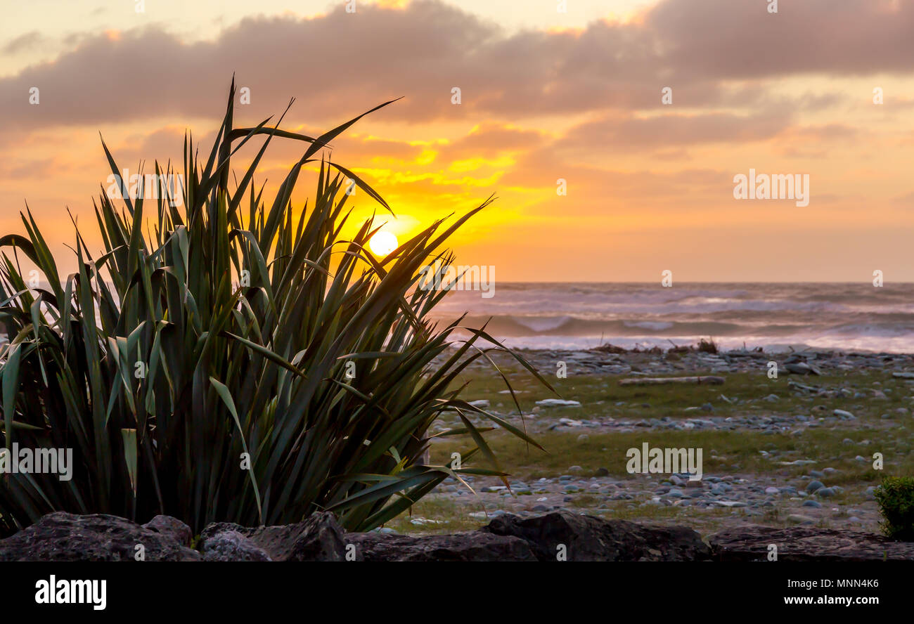 A beautiful sunrise on scenic Punakaiki Beach in New Zealand. Stock Photo