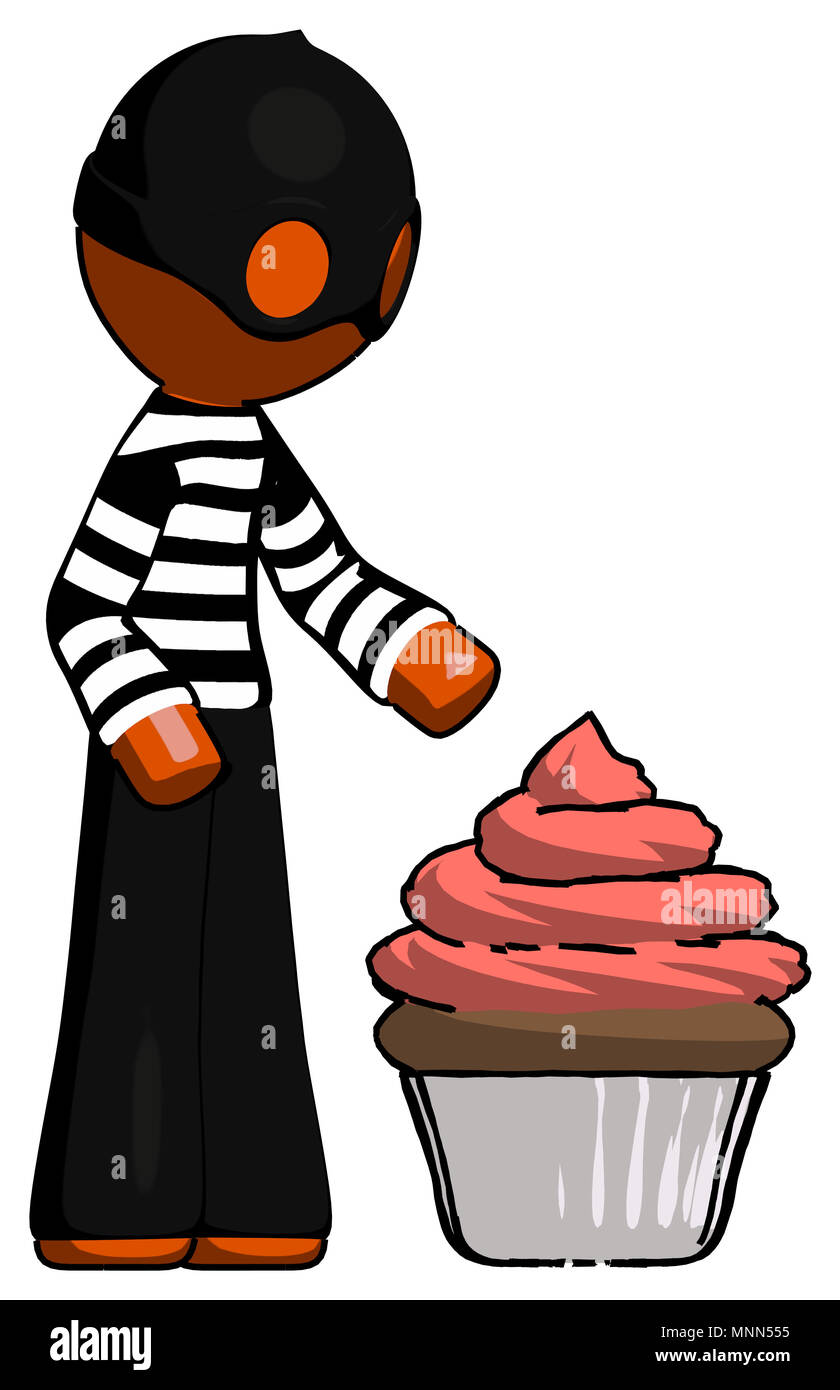 Orange thief man with giant cupcake dessert. Stock Photo