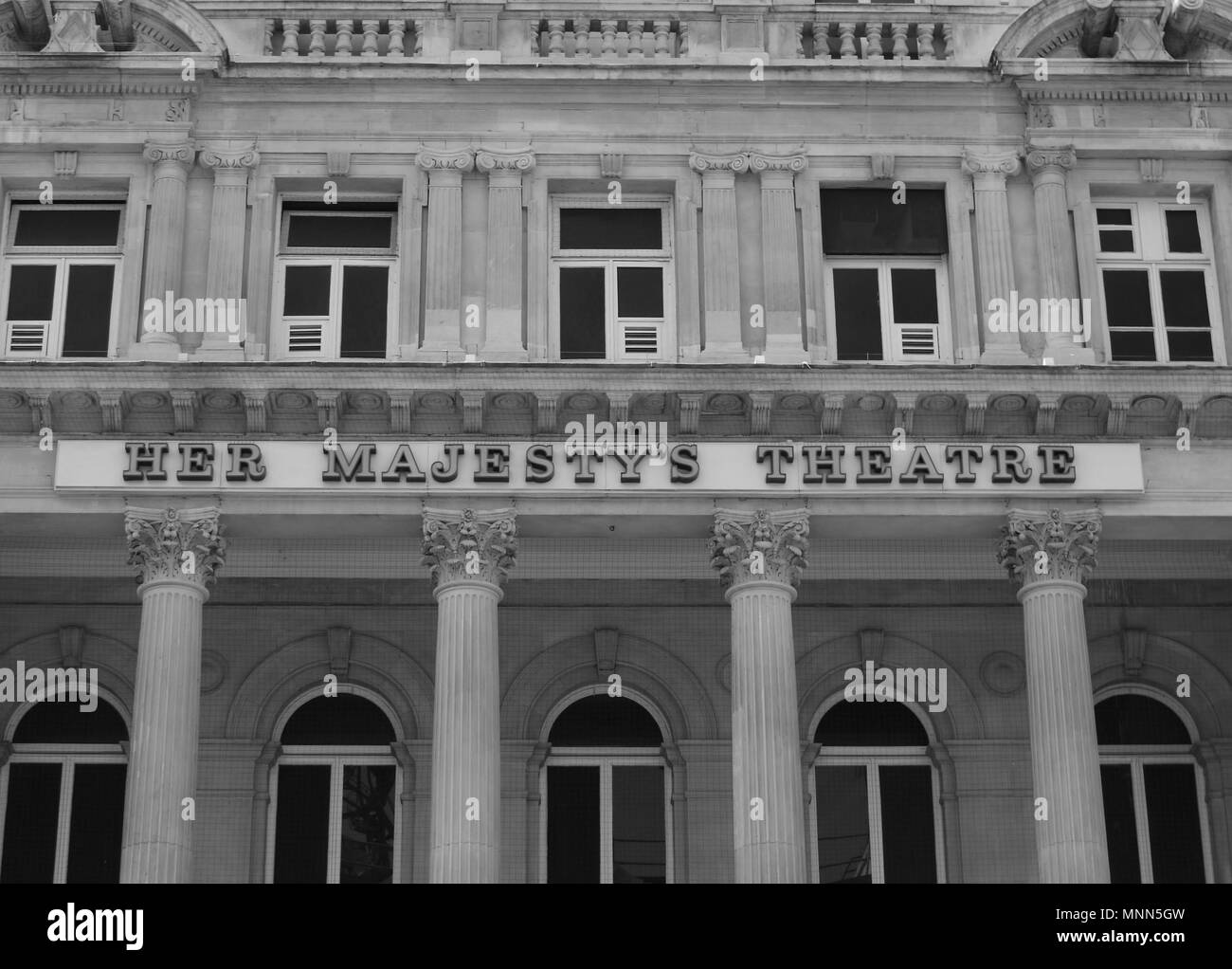 LONDON - MAY 18, 2018: ( Image digitally altered to monochrome ) Her Majesty's Theatre, The hit musical The Phantom of the Opera has been playing at H Stock Photo