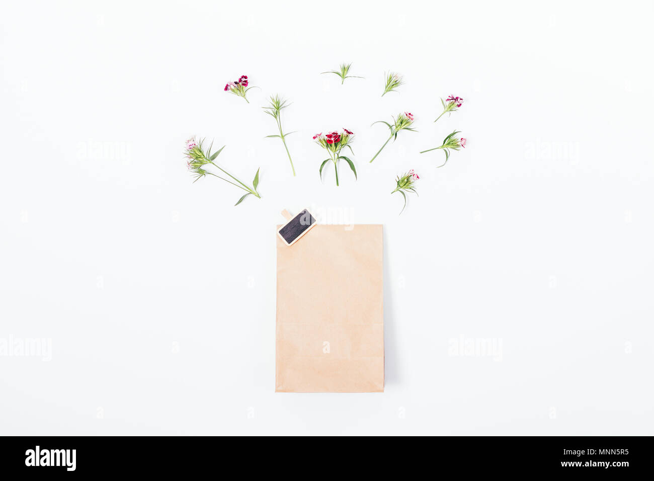Top view of the paper bag with the badge in the center of a white table. Spring flat lay composition of gift package with little pink flowers above it Stock Photo