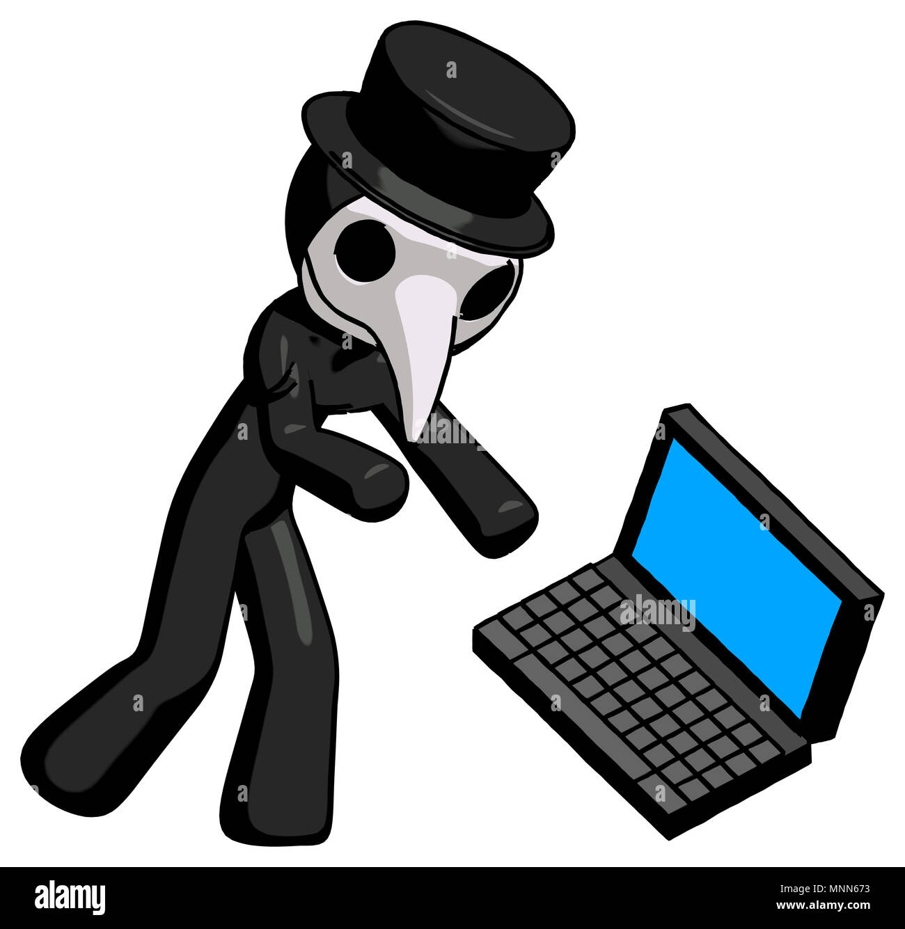 Black plague doctor man throwing laptop computer in frustration Stock ...