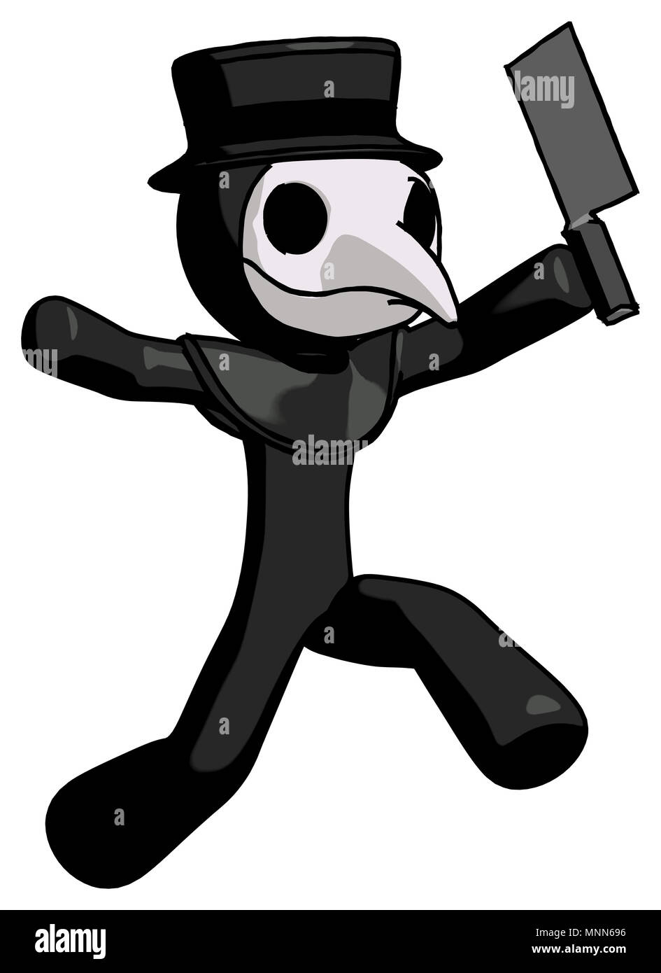 Black plague doctor man psycho running with meat cleaver. Stock Photo