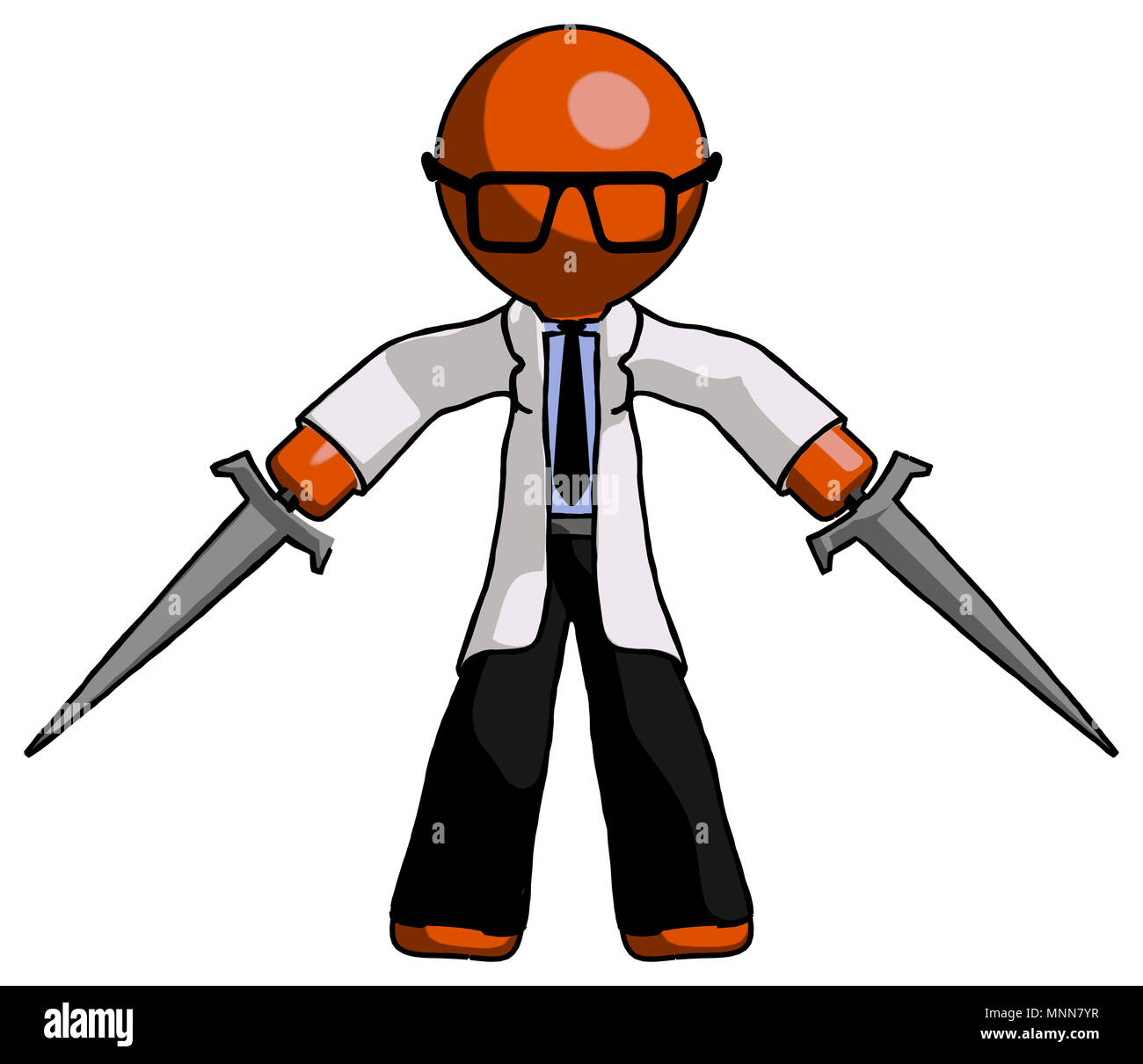 Orange doctor scientist man two sword defense pose. Stock Photo