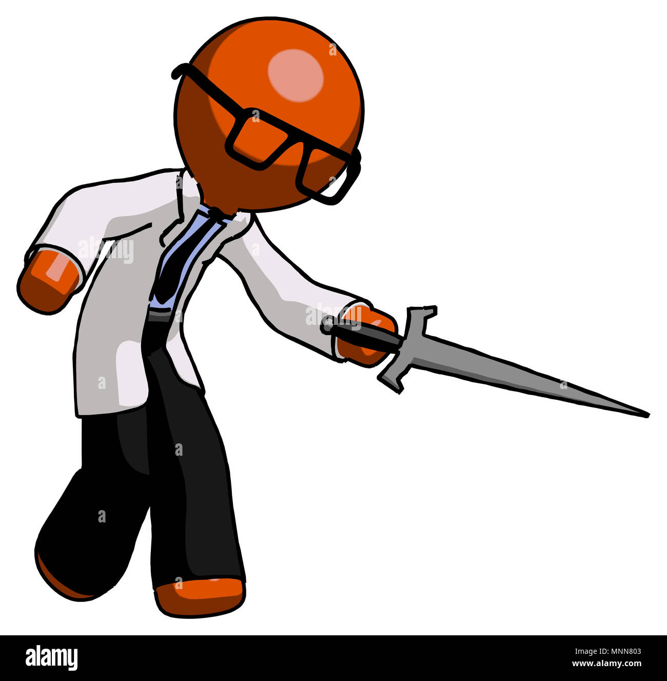 Orange doctor scientist man sword pose stabbing or jabbing. Stock Photo