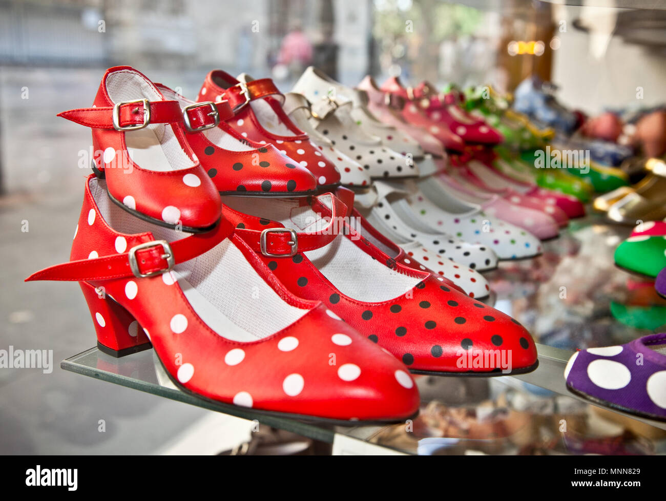 Flamenco dancing shoes or gypsy shoes with polka dot spots in shop