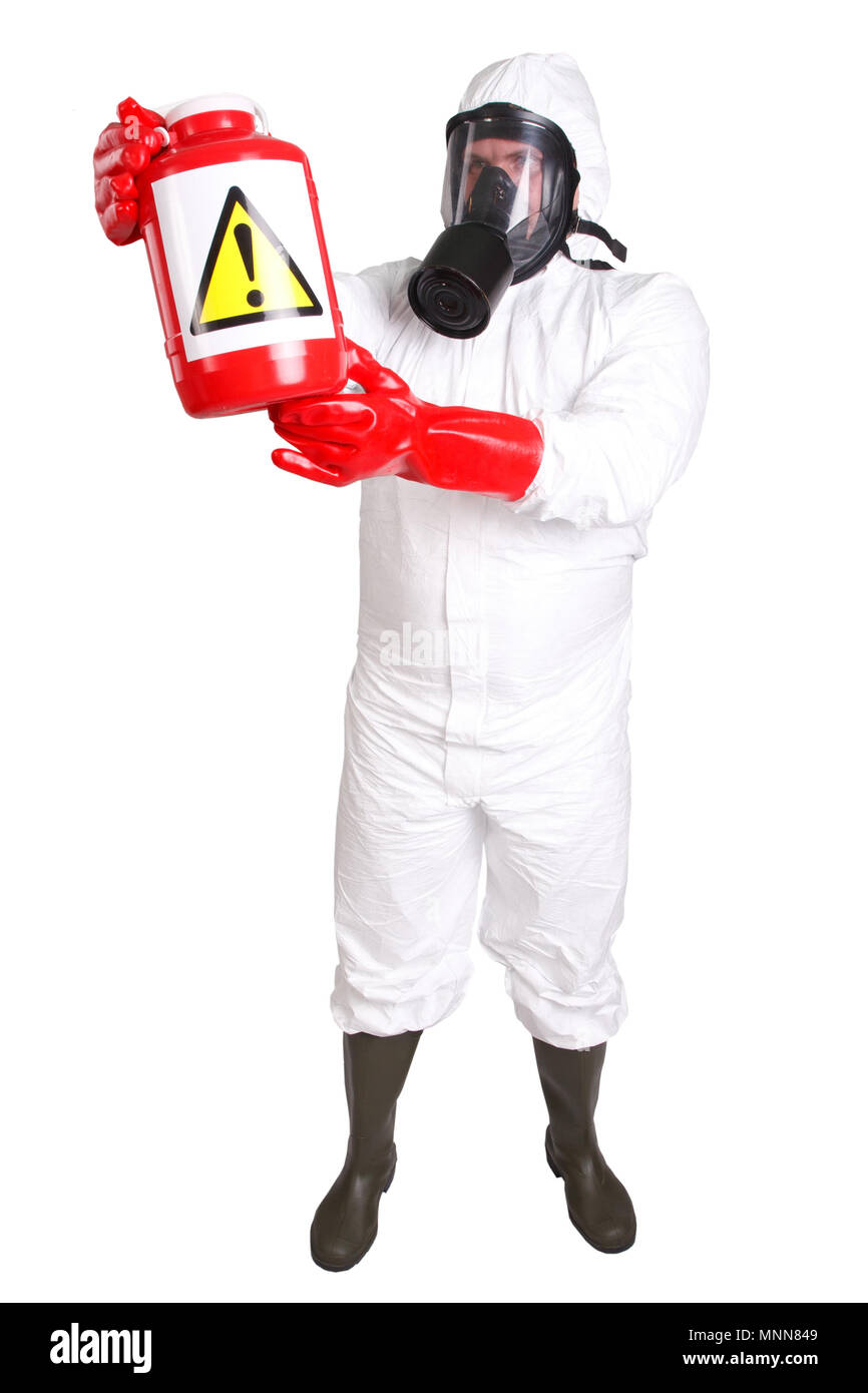 Man in a suit of chemical protection isolated on white Stock Photo