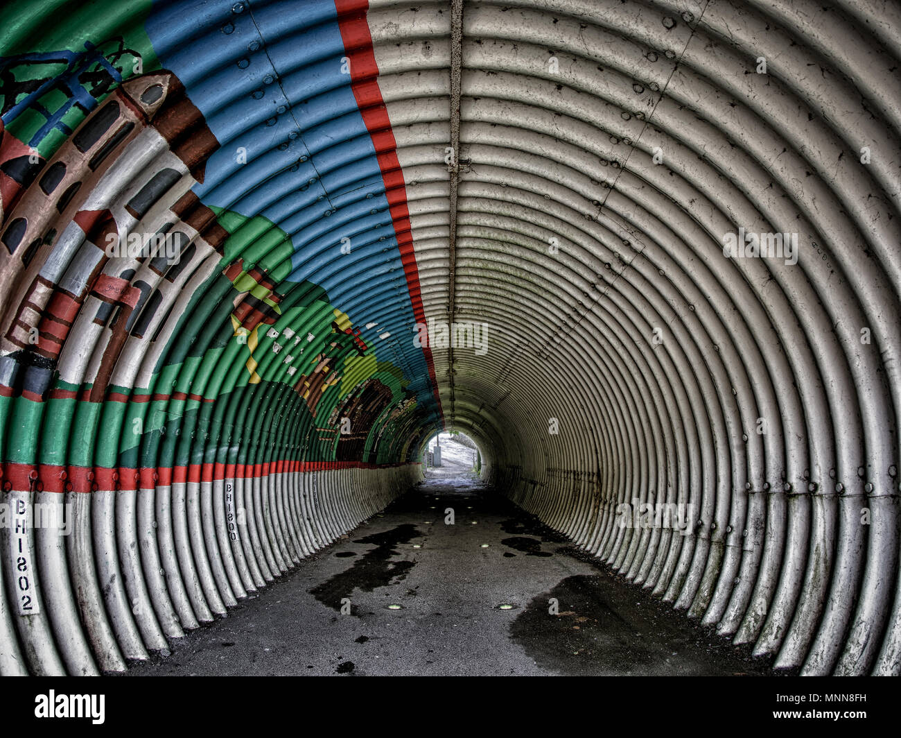 Walk way tunnel under a road in a Welsh Town call Six Bells Stock Photo