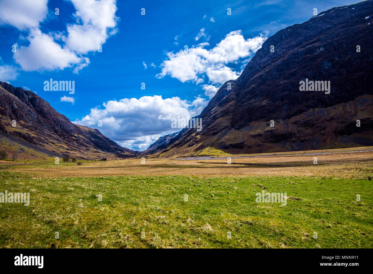 The 'U'-shaped valley of Glen Coe in the Highlands of Scotland shows its history of glaciation and previous volcanic development. Stock Photo