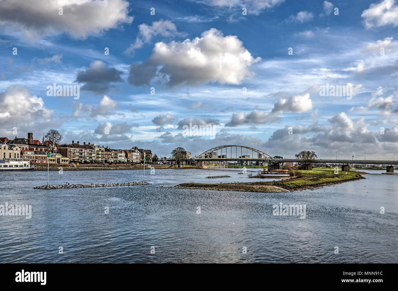 Deventer, The Netherlands, December 23, 2015: peninsula between the new side channel and the main channel of the river IJssel with newly created islan Stock Photo