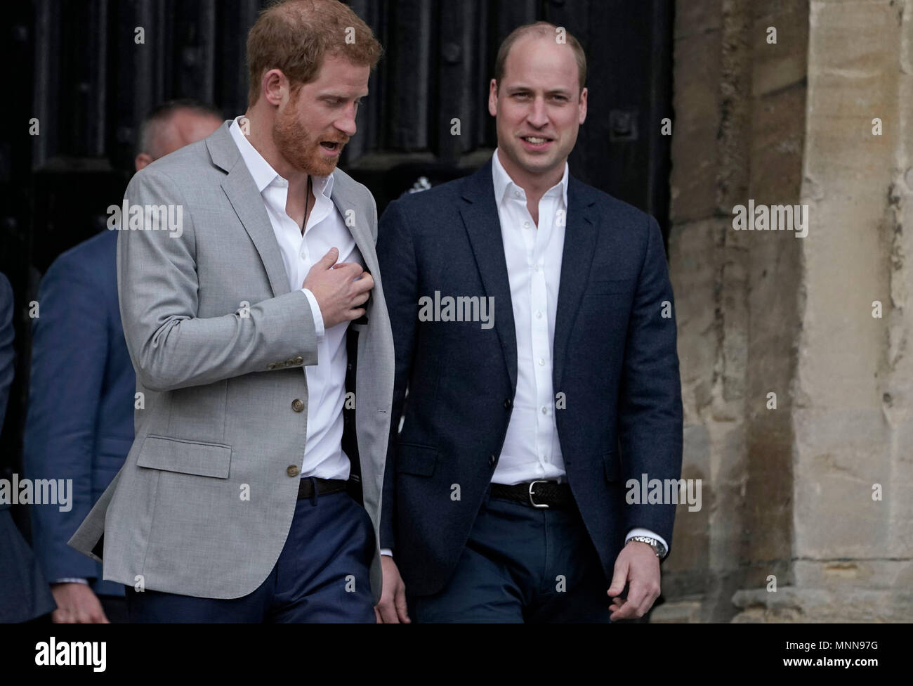 Prince Harry And Prince William Step Out Of The Henry Viii Gate Of Windsor Castle Ahead Of Prince Harry S Wedding To Meghan Markle This Weekend To Meet Members Of The Public Stock
