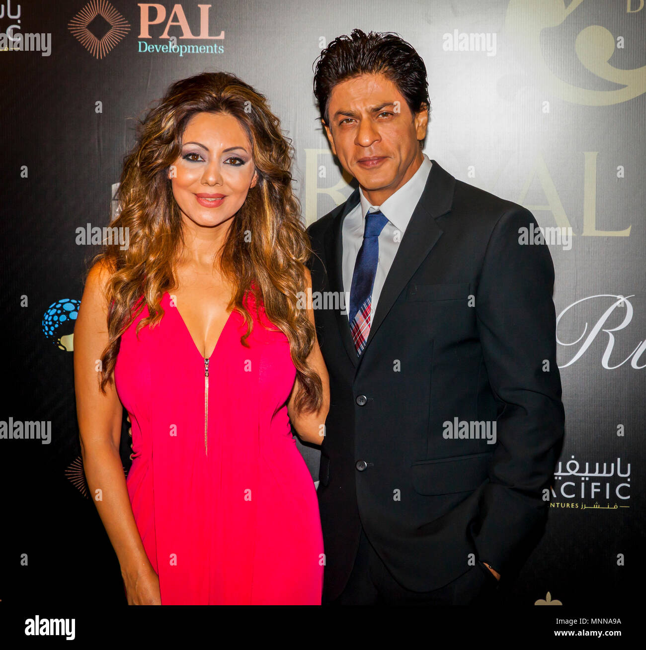Shahrukh Khan and wife Gauri Khan at Opening Ceremony of The Royal Estates project in Dubai Stock Photo