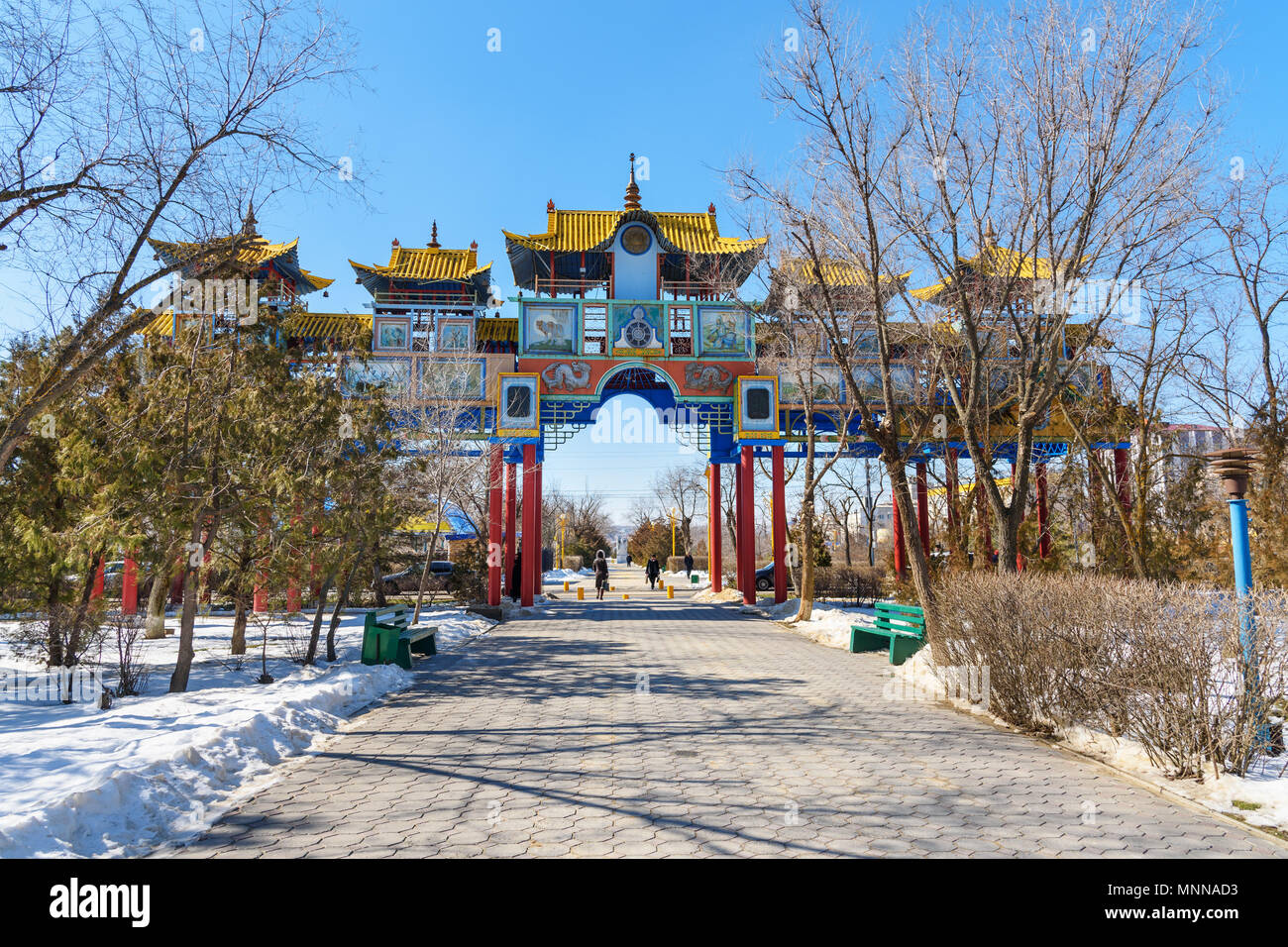 Elista, Kalmykia Russia - March 6, 2018: View of Golden Gate in spring Stock Photo