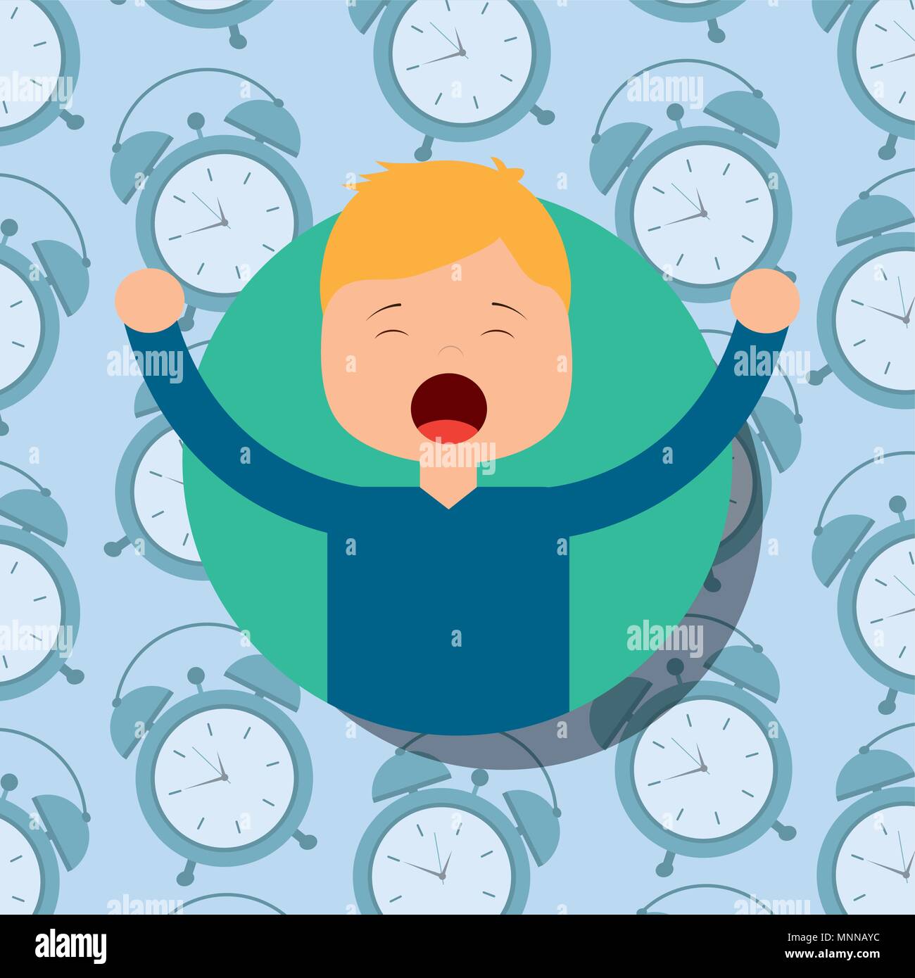boy in pajamas yawning and stretching clocks background Stock Vector