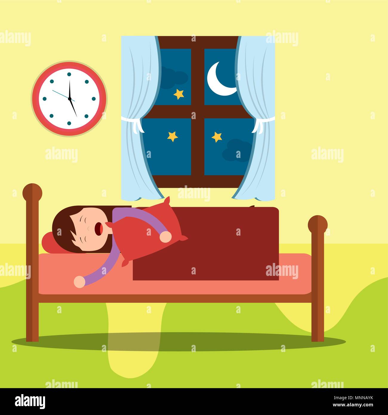young girl asleep in bed hug a pillow at night Stock Vector Image & Art -  Alamy