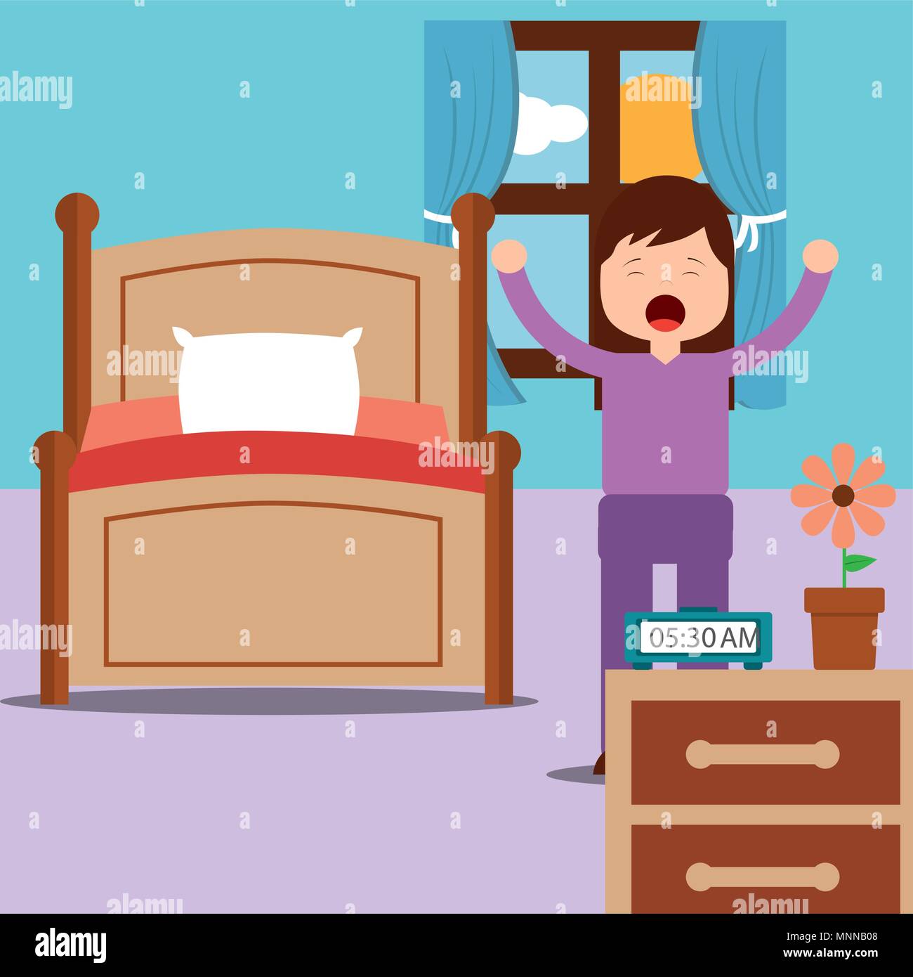 girl waking up and stertching near bed at home Stock Vector
