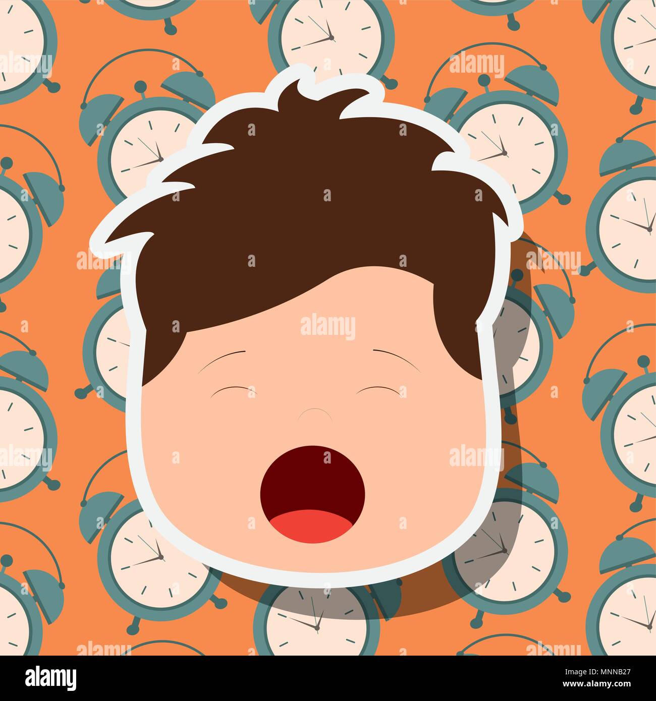 young boy face yawning clocks background Stock Vector