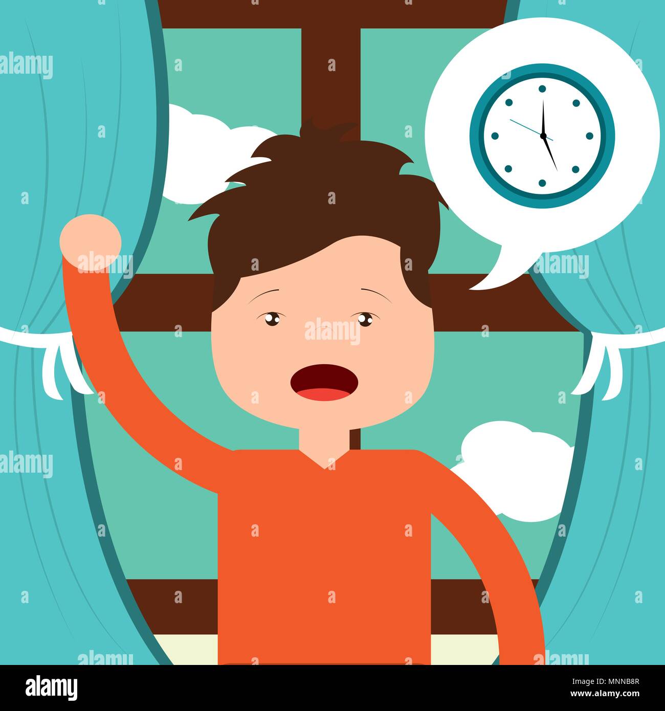 little boy wake up clock and window background Stock Vector