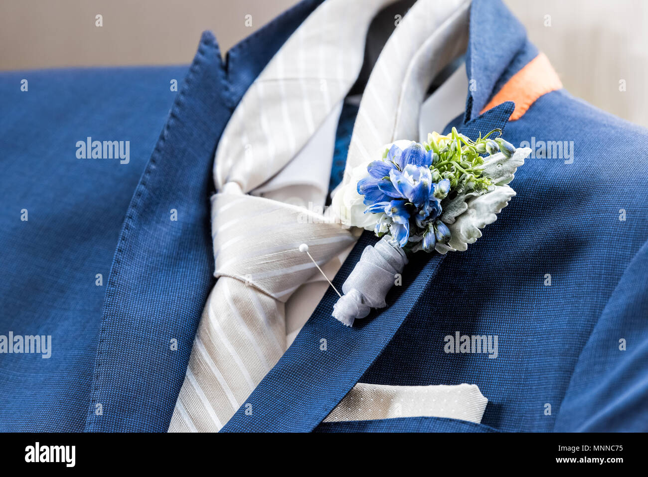 Men's new marine navy blue suit and tie groom closeup with flower  boutonniere, pin getting ready wedding preparation isolated, pocket  handkerchief Stock Photo - Alamy