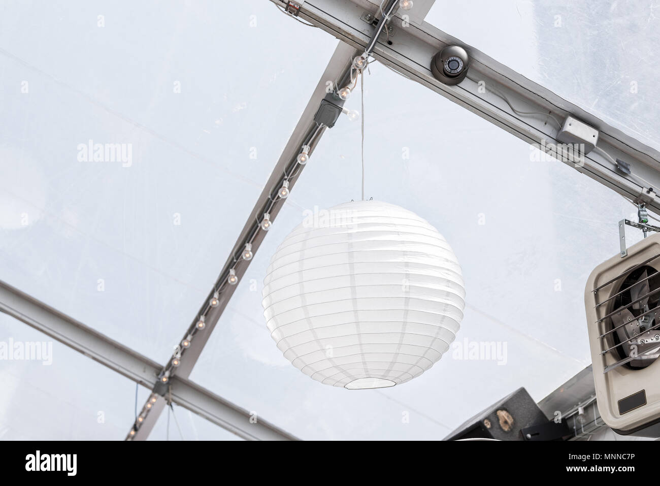 Closeup Of Hanging One White Paper Party Ball Or Sphere Light