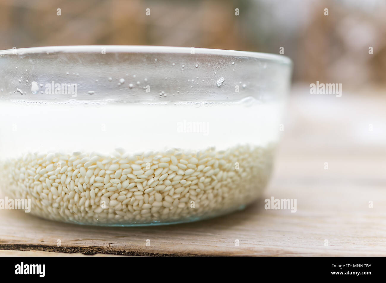 Macro closeup of soaked rice grain, cloudy liquid water in glass bowl outside on wooden deck