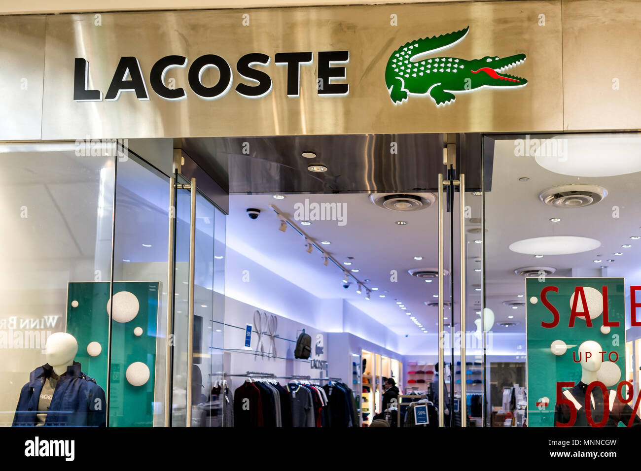 Tysons, USA - January 26, 2018: Lacoste store sign entrance shop alligator  logo in Tyson's Corner Mall in Fairfax, Virginia by Mclean Stock Photo -  Alamy