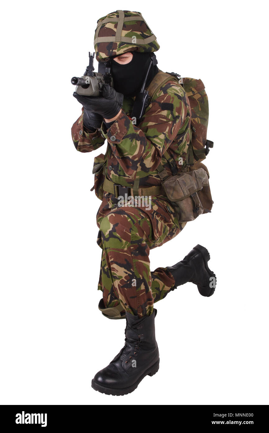 British Army Soldier in camouflage uniforms isolated on white Stock Photo