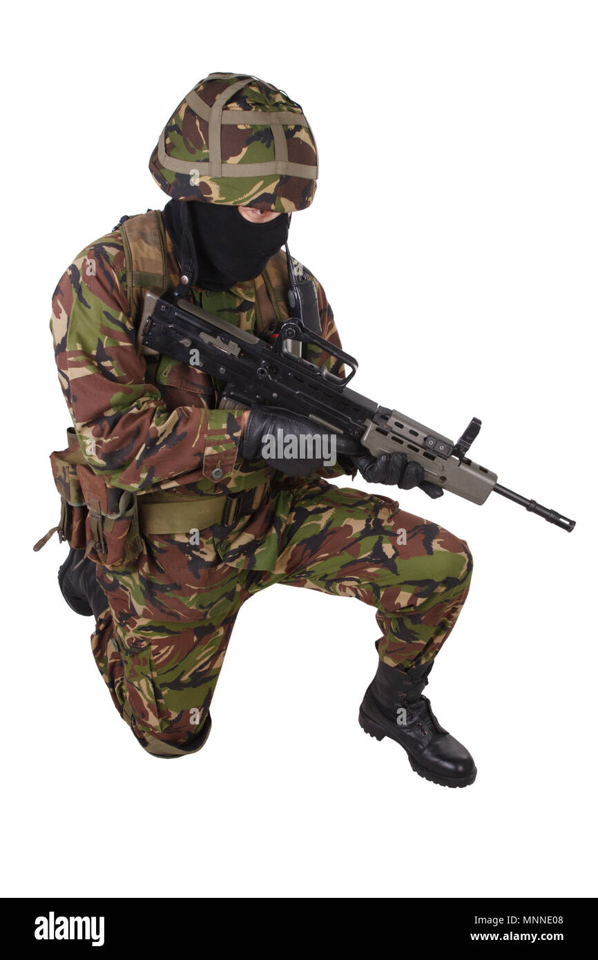 British Army Soldier in camouflage uniforms isolated on white Stock Photo