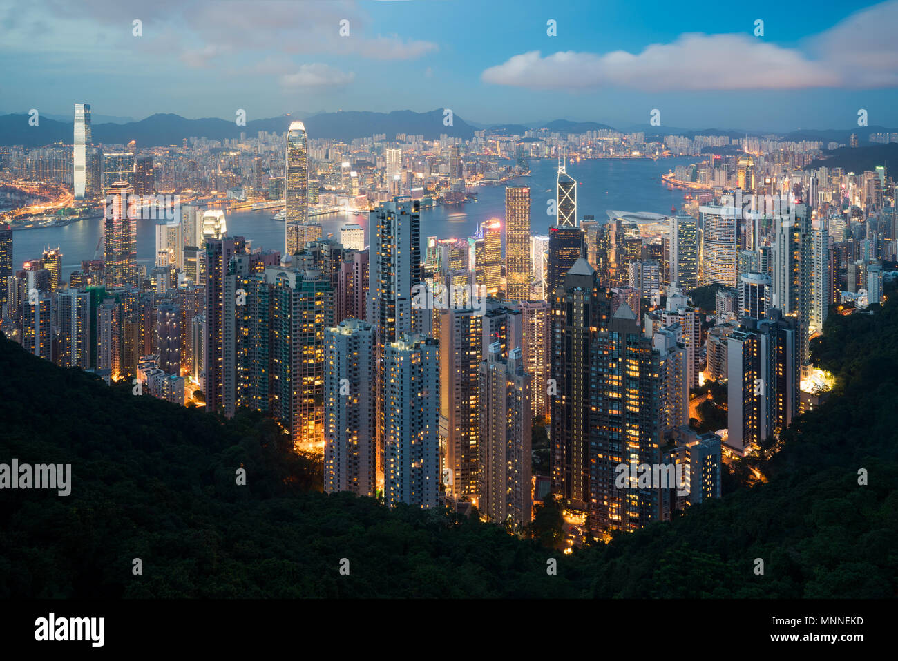 Hong Kong in Kowloon area skyline view from Victoria Peak in Hong Kong