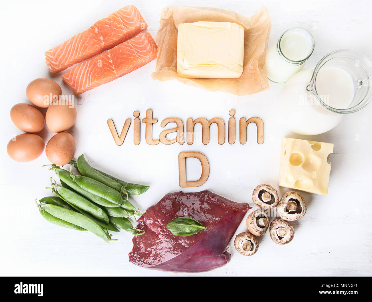 Natural foods rich in vitamin D. Top view Stock Photo