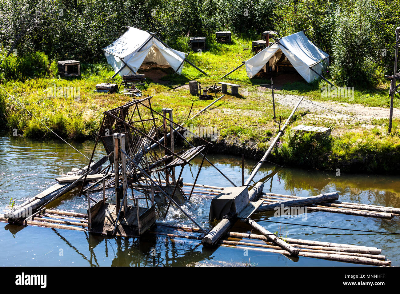 A water-current-powered fish trap on the Chena River t the Chena Indian Village Stock Photo