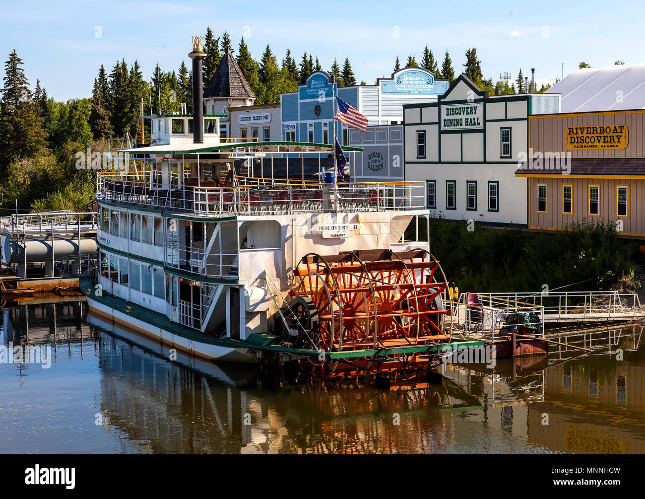 Paddle boat Discovery II moored on banks of Chena River near Fairbanks in Alaska Stock Photo