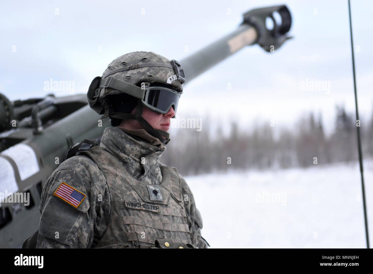 A Soldier assigned to 1st Stryker Brigade Combat Team, 25th Infantry Division, 2nd Battalion, 8th Field Artillery Regiment waits to fire a M777 155mm Howitzer March 15 during a live fire training exercise at Fort Greely, Alaska, as part of the U.S. Army Alaska-led Joint Force Land Component Command in support of Alaskan Command's exercise Arctic Edge 18 conducted under the authority of U.S. Northern Command. Arctic Edge 2018 is a biennial, large-scale, joint-training exercise that prepares and tests the U.S. military's ability to operate tactically in the extreme cold-weather conditions found  Stock Photo