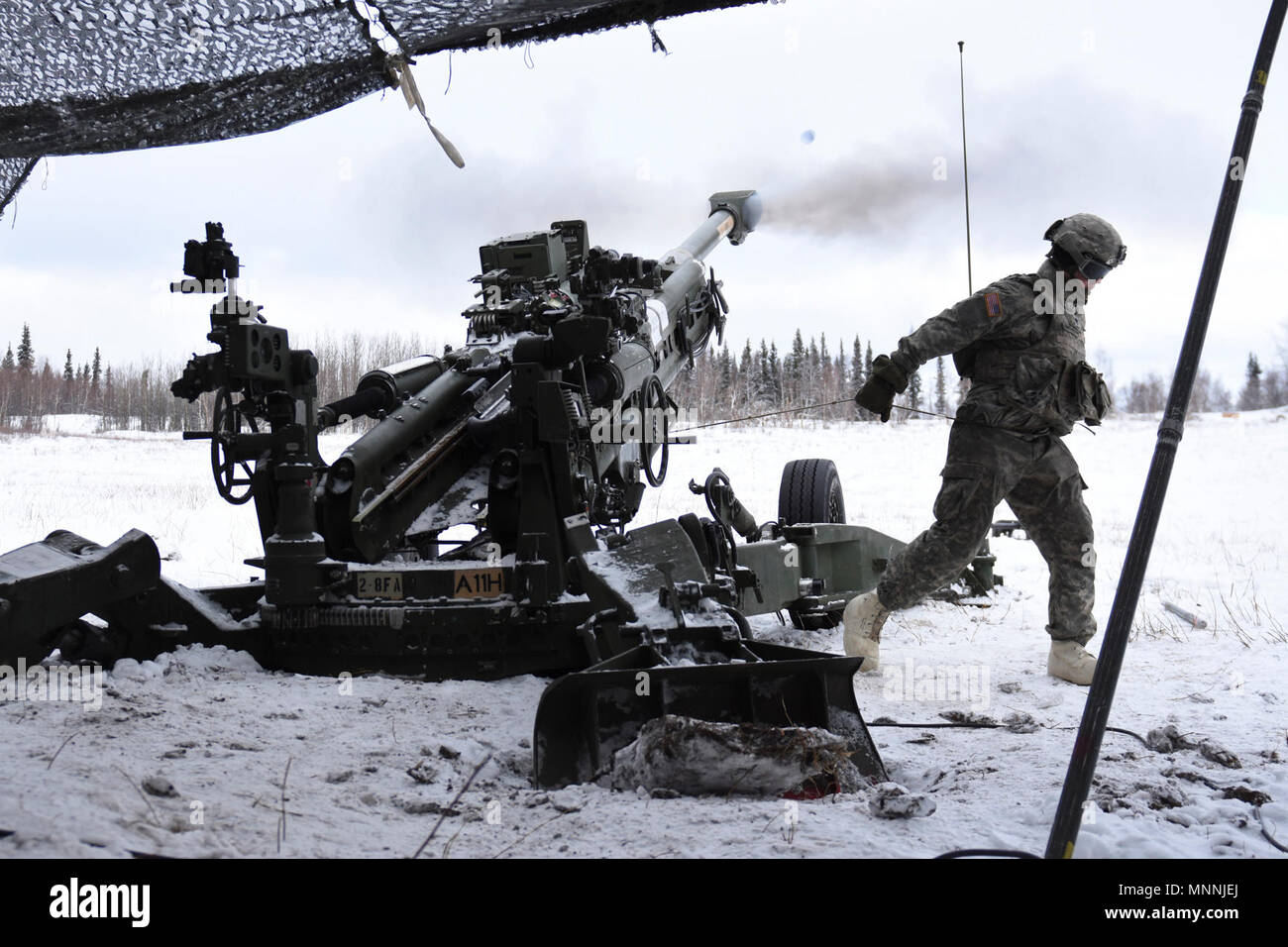 A Soldier assigned to 1st Stryker Brigade Combat Team, 25th Infantry Division, 2nd Battalion, 8th Field Artillery Regiment fires a M777 155mm Howitzer March 15 during a live fire training exercise at Fort Greely, Alaska, as part of the U.S. Army Alaska-led Joint Force Land Component Command in support of Alaskan Command's exercise Arctic Edge 18 conducted under the authority of U.S. Northern Command. Arctic Edge 2018 is a biennial, large-scale, joint-training exercise that prepares and tests the U.S. military's ability to operate tactically in the extreme cold-weather conditions found in Arcti Stock Photo