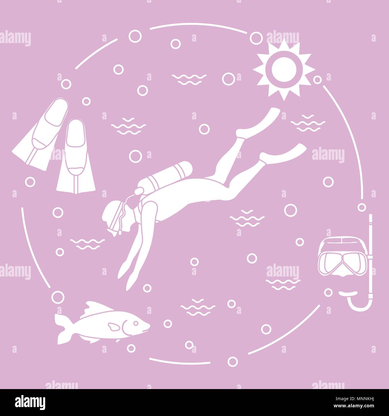 Mask, snorkel, flippers, sun, fish, scuba diver. Sports and recreation ...