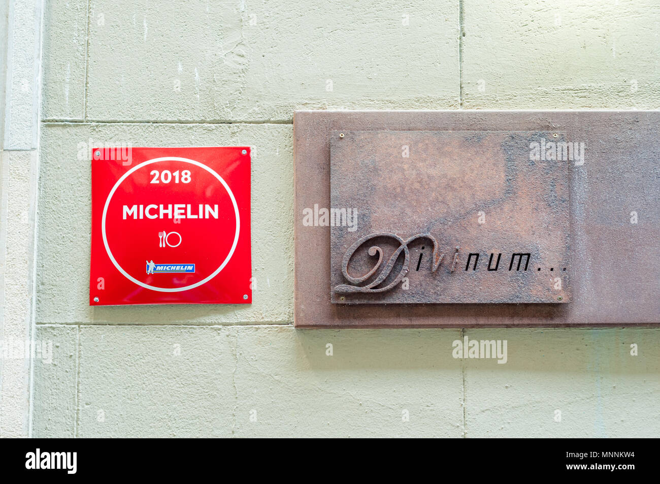 Michelin guide symbol outside Divinum Restaurant, Girona, Catalonia, Spain Stock Photo