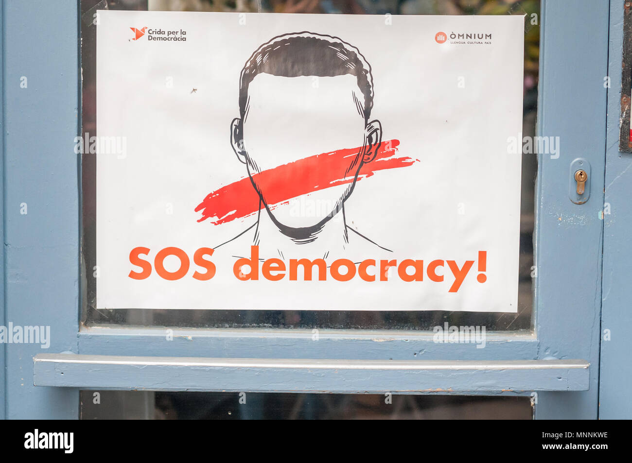 protest poster, poster with the message on a door, SOS democracy, Girona, Catalonia, Spaina Stock Photo