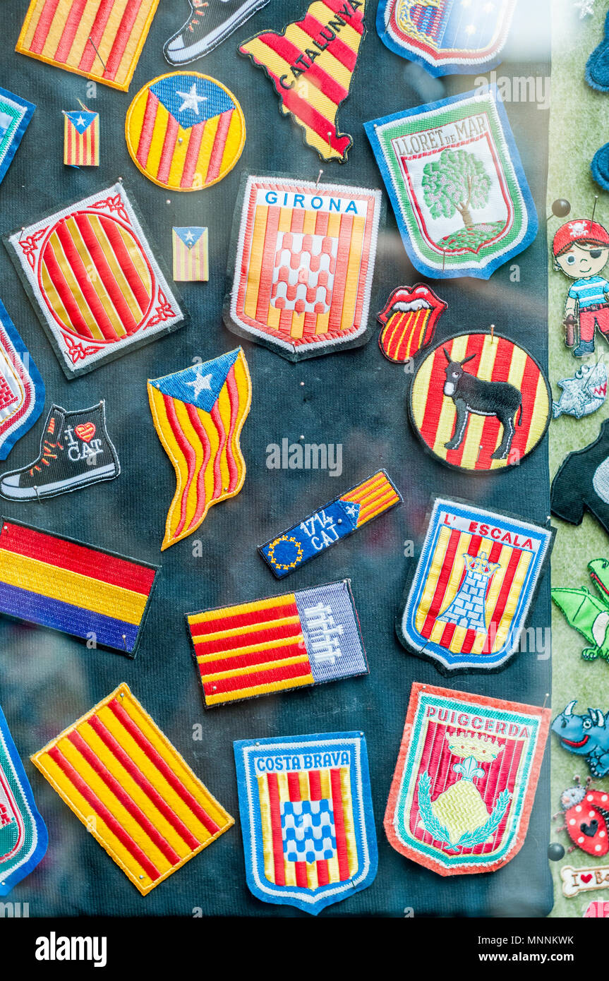 set of clothes patches in a shop window, catalan independence, Girona, Catalonia, Spain Stock Photo