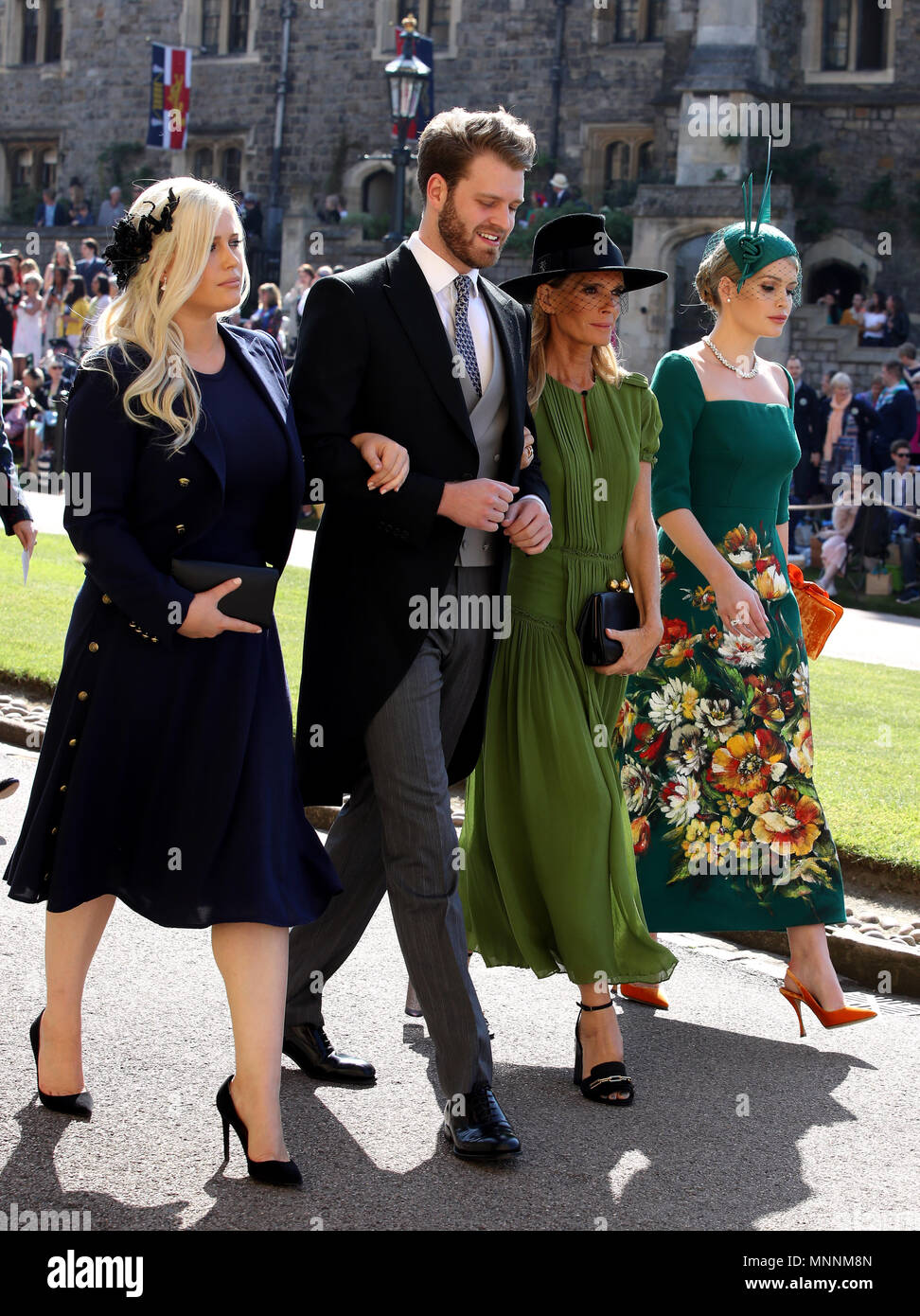Eliza Spencer, Louis Spencer, Victoria Aitken and Kitty Spencer arrive at St George's Chapel at Windsor Castle for the wedding of Meghan Markle and Prince Harry. Stock Photo