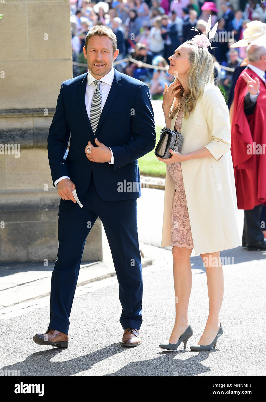 Jonny Wilkinson and Shelley Jenkins arrive at St George's Chapel at Windsor Castle for the wedding of Meghan Markle and Prince Harry. Stock Photo
