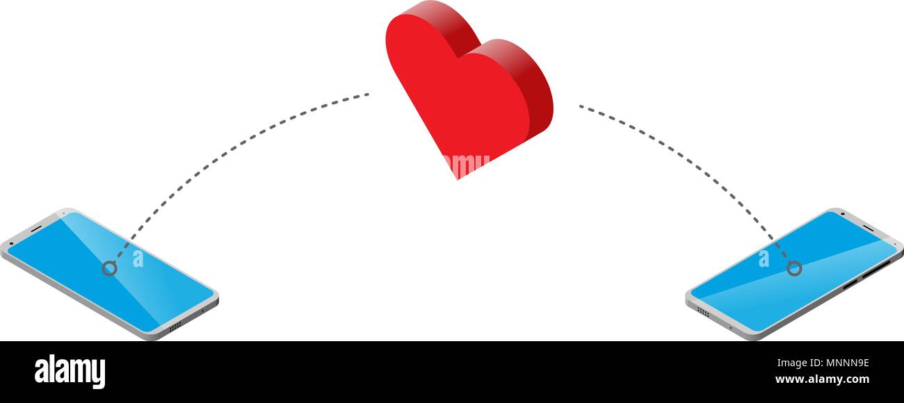 smartphone transfers heart icon to another smartphone. Isometry, white background. Sign of love. Stock Vector