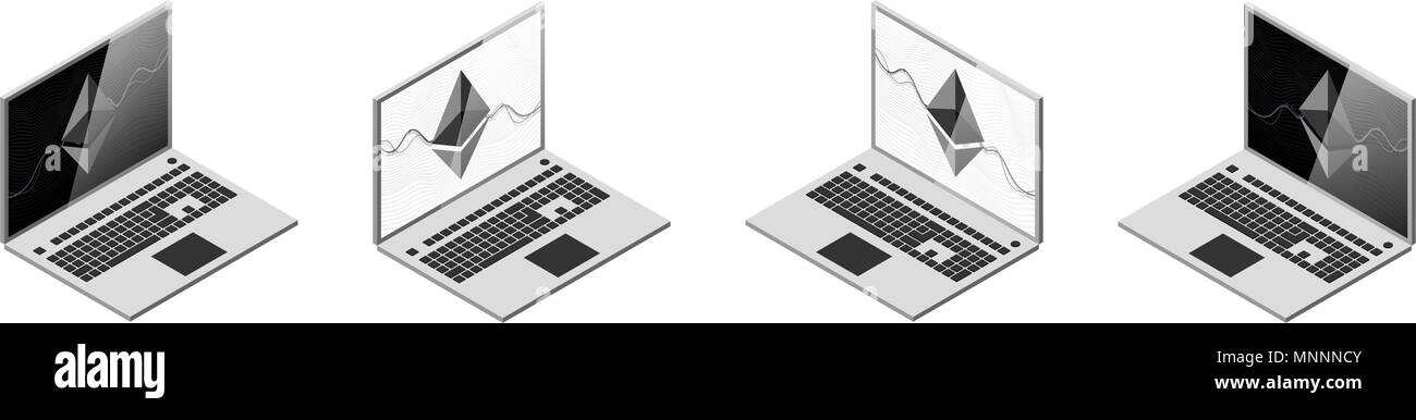 Outline laptop in ethereum icon vector symbol. Set. monochrome, white background Stock Vector