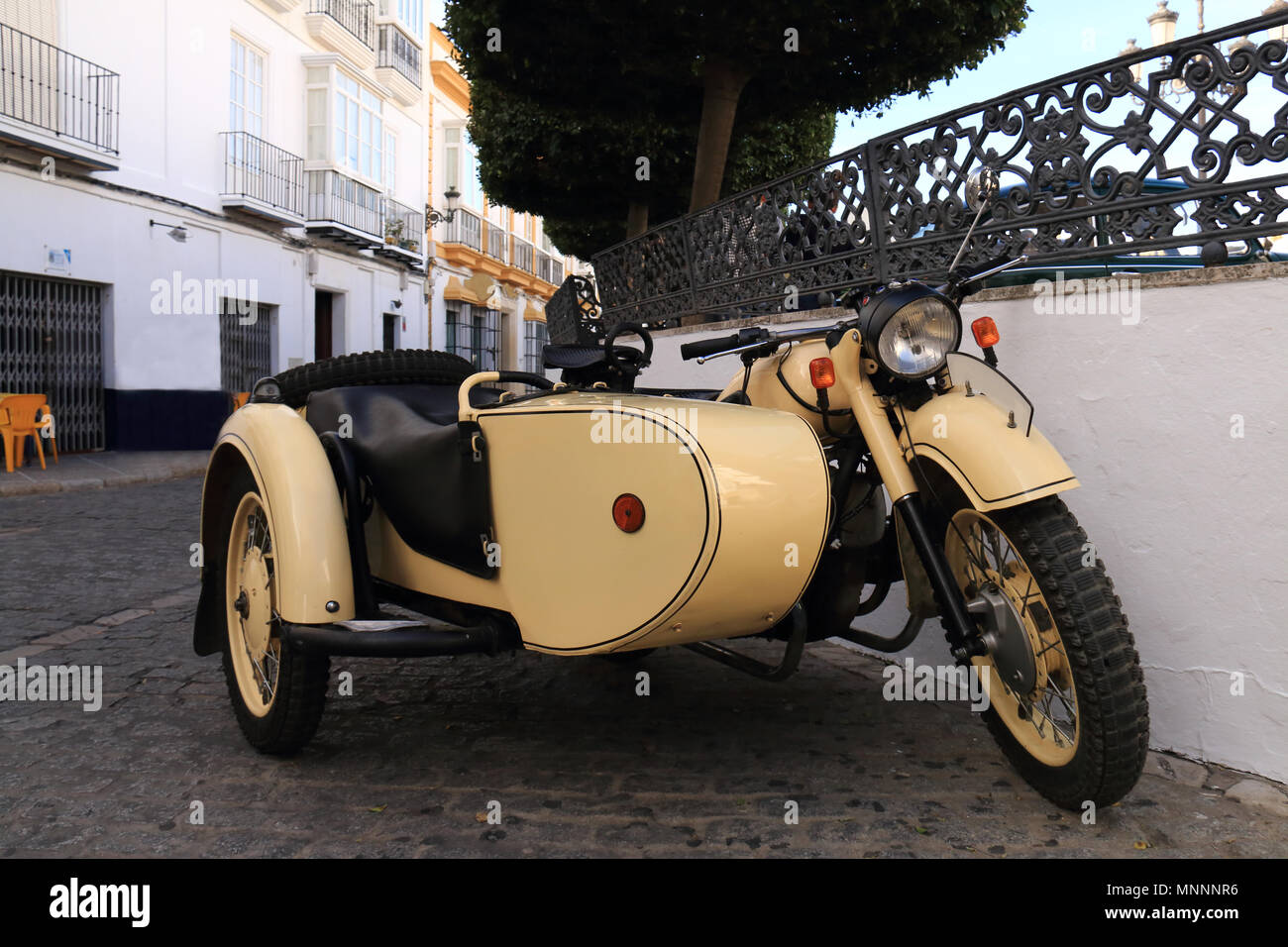 Old motorcycle with sidecar of the seventies Stock Photo