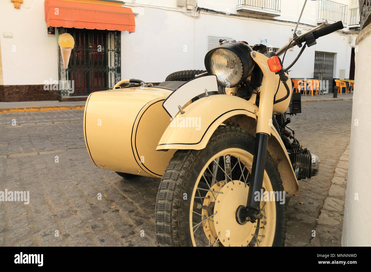 Old motorcycle with sidecar of the seventies Stock Photo