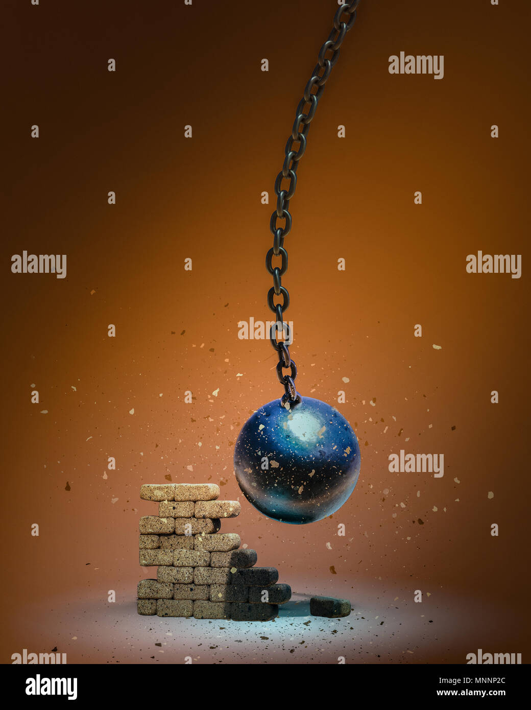 Wrecking ball destroying the brick wall 3D illustration Stock Photo - Alamy